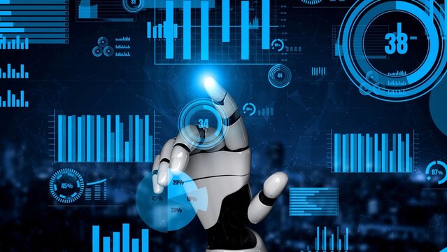 A futuristic robotic hand engages with vibrant digital data visuals, highlighting interaction between technology and analytics in a modern, tech-savvy setting. Xenic - Powered by Adobe