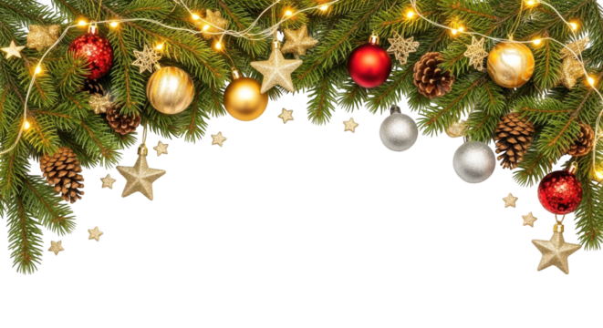 Christmas tree branch garland with ornament and light isolated on transparent background