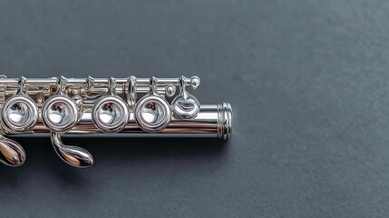 Obraz premium A detailed view of a silver flute, focusing on its polished keys and headjoint against a simple dark grey surface.