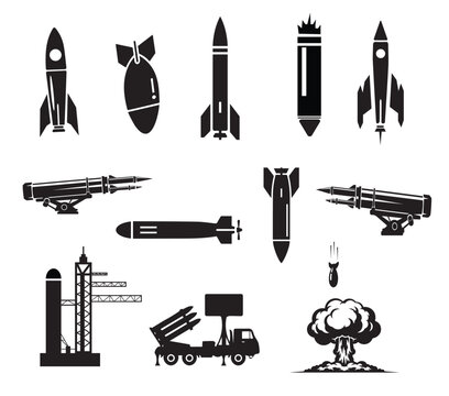 Military missile and rocket weapon icon set. Nuclear bomb, ballistic warhead, torpedo, launcher truck, and explosion silhouette collection.
