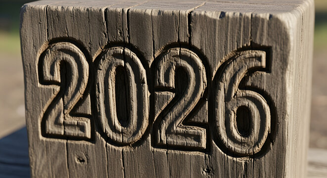 The year 2026 carved into a rustic wooden post, symbolizing future planning, upcoming events, and new beginnings