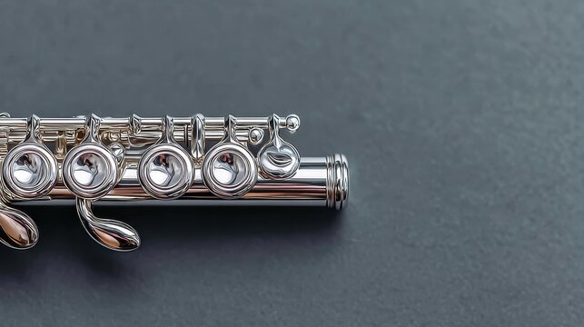 A detailed view of a silver flute, focusing on its polished keys and headjoint against a simple dark grey surface.