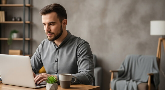Muslim man working remotely on laptop in modern home office   - Powered by Adobe