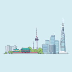 Obraz premium Minimalist vector illustration of Seoul's iconic skyline featuring traditional palaces, modern skyscrapers, and prominent communication towers against a light blue background.