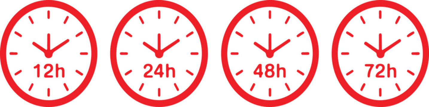 Set of Red Clock Icons Representing 12h, 24h, 48h, and 72h Time Intervals