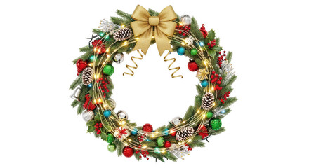 Decorative christmas holiday wreath with gold bow isolated on transparent background
