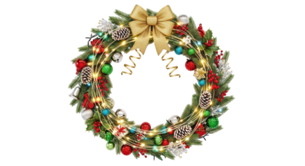Decorative christmas holiday wreath with gold bow isolated on transparent background