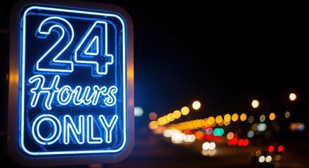 Vibrant neon signage announces 24 hours only