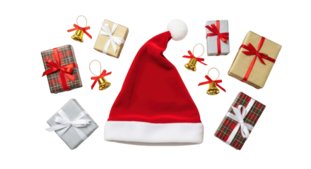 Santa hat and gift boxes with jingle bells isolated on transparent background