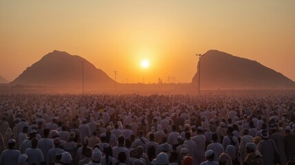 Vast cotton field under a golden sunset between two mountains
