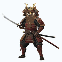 Obraz premium A detailed illustration of a dog-like samurai warrior in full traditional Japanese armor holding a katana sword, standing on a white background.