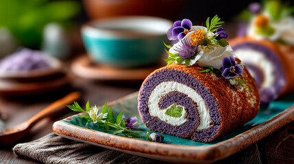 A slice of ube dessert on a plate. The cake is purple, rolled, and filled with cream. It is garnished with edible flowers and green leaves. A cup is in the background.
