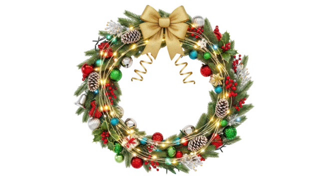 Decorative christmas holiday wreath with gold bow isolated on transparent background