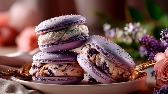 A plate of three purple ube macarons filled with cream. The macarons are pastel purple, surrounded by flowers and soft lighting, creating a delicate dessert scene.