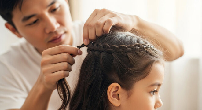 Asian dad braiding daughter's hair at home with a focused expression   - Powered by Adobe
