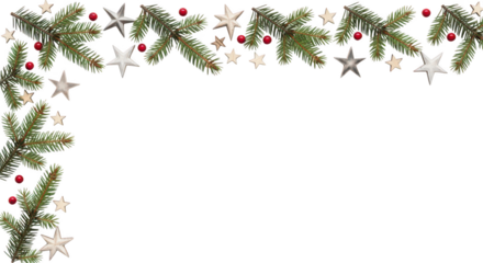 Christmas fir branch border decoration with star and berry isolated on transparent background