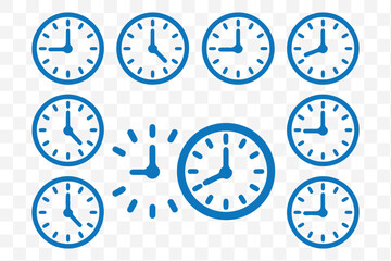 Vector illustration of twelve analog wall clocks in black outline, each showing a different hourly time from one to twelve. Analog clock icon set. 12 hourly time variations, black outline