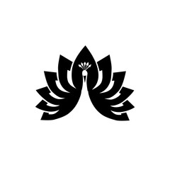 Elegant black and white peacock design with tail feathers stylized as lotus petals. A sophisticated and natural symbol perfect for branding and decoration.