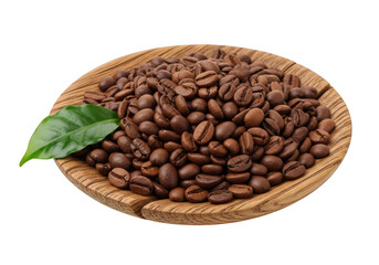 Fototapeta premium Wooden bowl filled with roasted coffee beans and a green leaf, isolated on transparent background