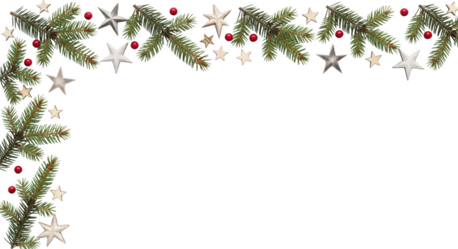 Christmas fir branch border decoration with star and berry isolated on transparent background