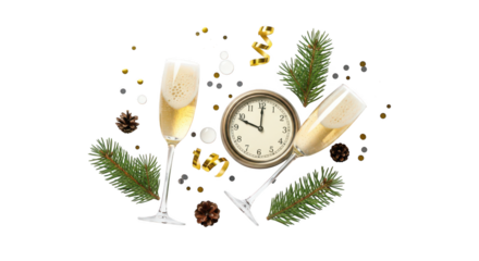 New years eve celebration with champagne, clock, and pine branch isolated on transparent background