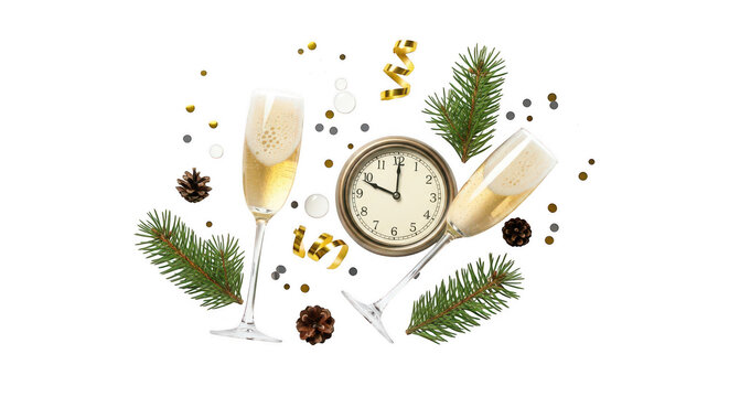 New years eve celebration with champagne, clock, and pine branch isolated on transparent background - Powered by Adobe
