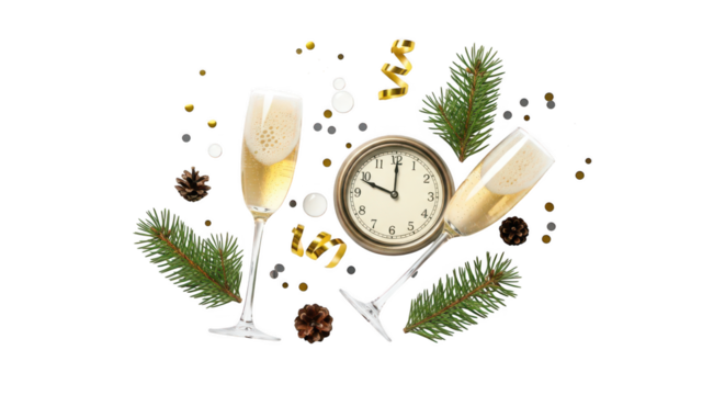 New years eve celebration with champagne, clock, and pine branch isolated on transparent background
