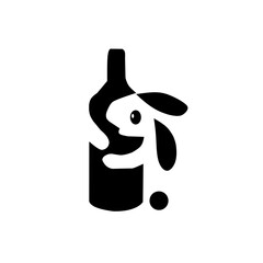 A playful, minimal black and white logo featuring a cute bunny hugging a bottle, with a dot element. Ideal for wine brands, beverage companies, or any product aiming for a friendly, charming appeal.