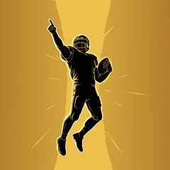 Silhouette of an American football player celebrating a victory under golden spotlights.