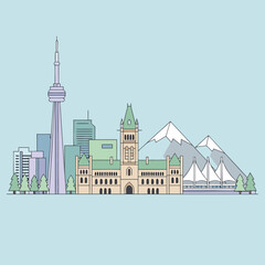 Obraz premium A flat design illustration of famous Canadian landmarks including the CN Tower, Parliament Building, and mountains, set against a light blue sky.