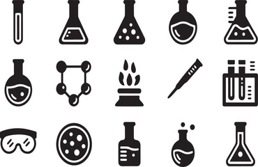 Collection of black science laboratory icons on white background chemistry