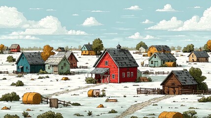 Rustic countryside barn near snow covered peaks high resolution picture