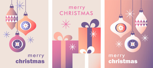 Merry Christmas greeting cards, covers, posters. Bright and festive Christmas decorations with ornaments and gifts. Vector illustration.