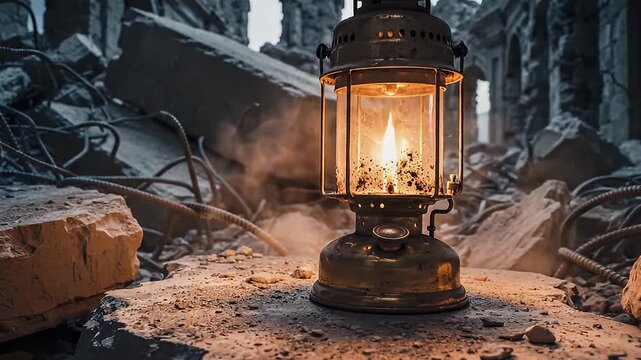 An old lantern providing warm light amidst a ruined stone structure with debris and broken arches, creating a mysterious and atmospheric scene