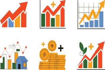 Collection of six flat design financial growth charts and icons graph finance