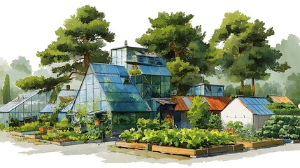 Scenic countryside vegetable fields near metal roof barns high resolution picture