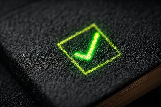 Bright green checkmark glows on keyboard key, symbolizing completion and success in a digital world - Powered by Adobe