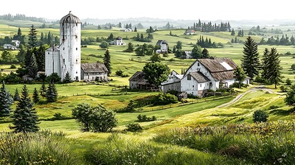 Scenic countryside view with green fields and barn high resolution picture