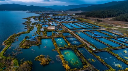 Scenic fish farm surrounded by water and nature high resolution picture
