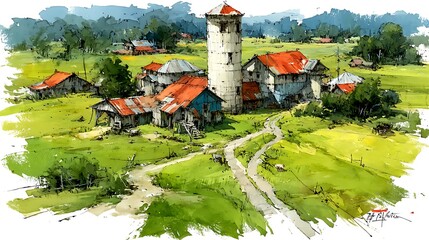 Scenic rural landscape showing farmhouse and open fields high resolution picture