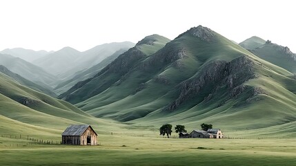 Scenic green valley featuring rustic farm houses high resolution picture