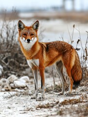 Obraz premium Alert red fox stands on beach, soft neutral background, looking at the camera
