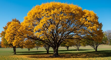 Golden-leaved trees stand in a grassy field under a brilliant blue sky, autumn sunlight