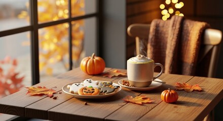 Cozy autumn scene with a pumpkin, coffee, and fall leaves on a wooden table near a window