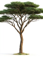 Fototapeta premium Acacia tree with spreading canopy on white background, short grass patch