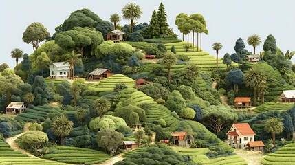 Scenic tropical tea gardens surrounded by green mountains high resolution picture