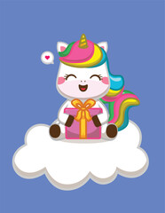 Unicorn cartoon character sitting on a big white cloud