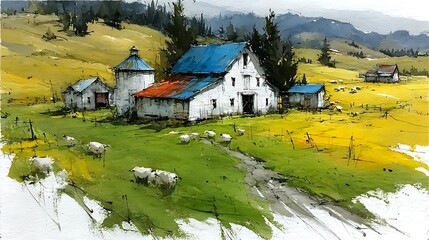 Scenic rural valley with white barns and green fields high resolution picture
