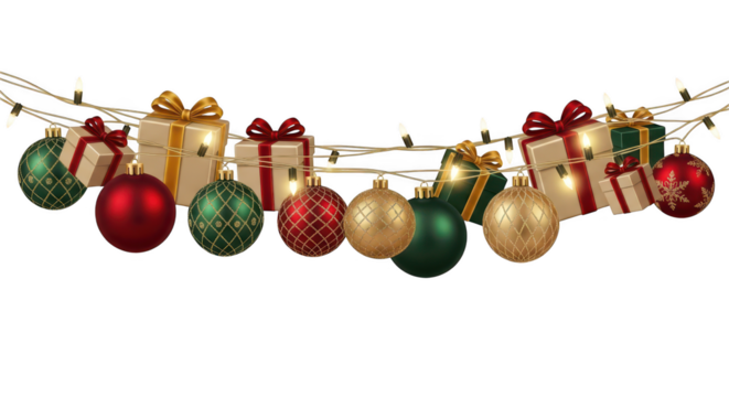 Christmas string light garland with gift box and ornament decoration isolated on transparent background