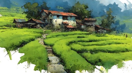 Serene agricultural farmland with blue houses high resolution picture